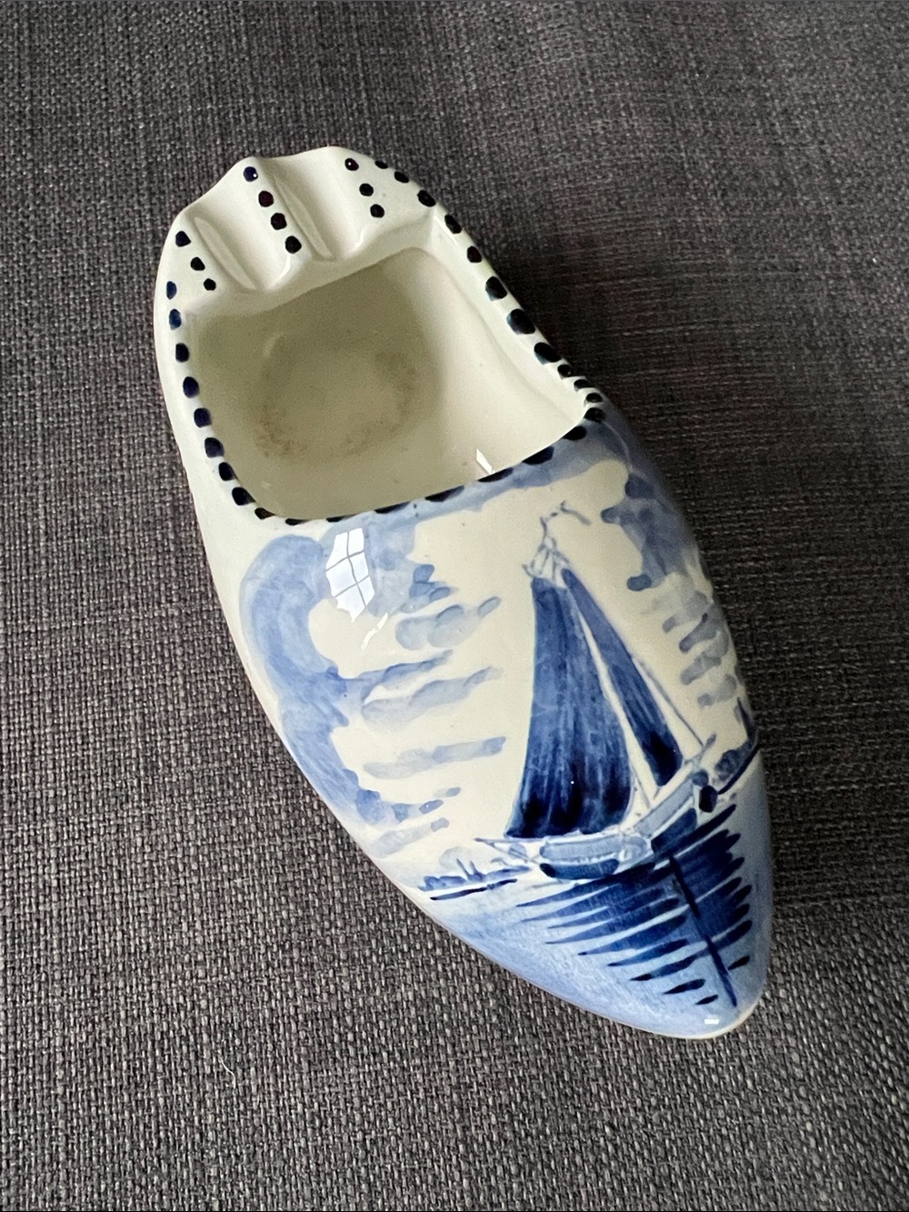 Blue and White Delft-Style Ceramic Shoe with Sailboat Motif